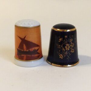 Limoges France Thimbles Porcelain Castel Cobalt Blue Sail Boat Vintage Set of 2